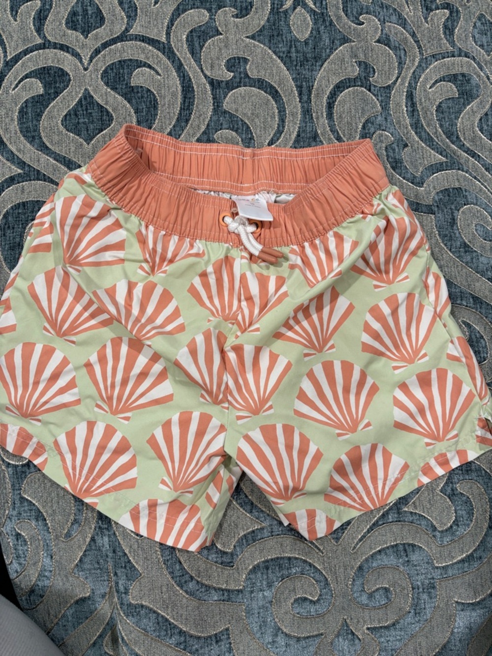 Kids Coral Shell Swim Trunks in Mint and Coral
